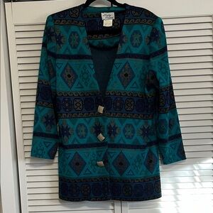 Vintage Lady Carol Chic Turqoise and Blue Patterned Women's Blazer